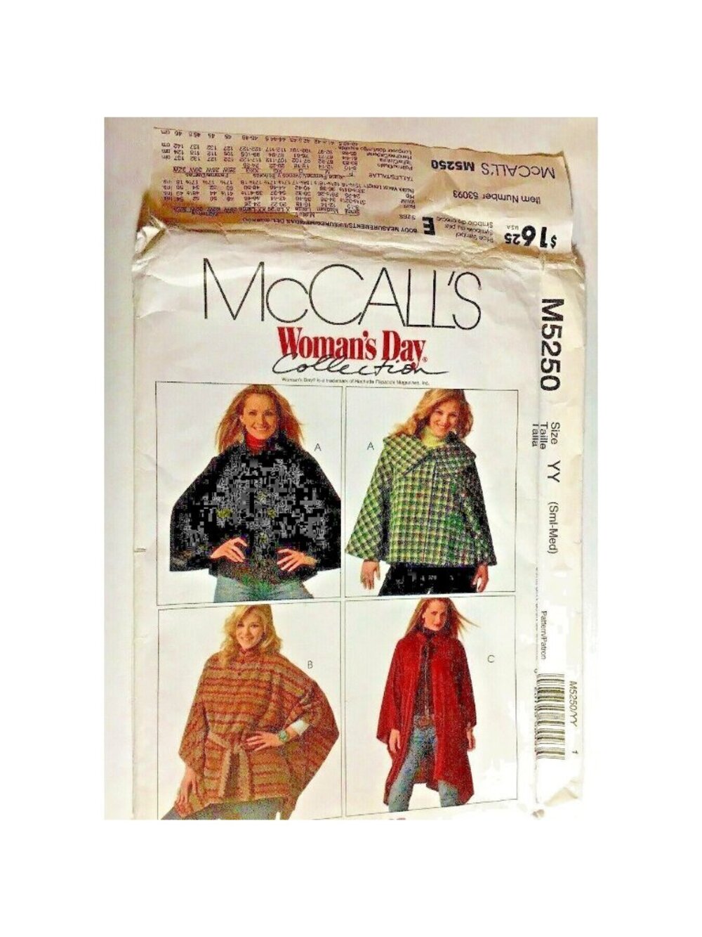 Vintage Sewing Pattern McCalls M5250 Miss Capes Ponchos Sizes Sml-Med 8-14 Uncut